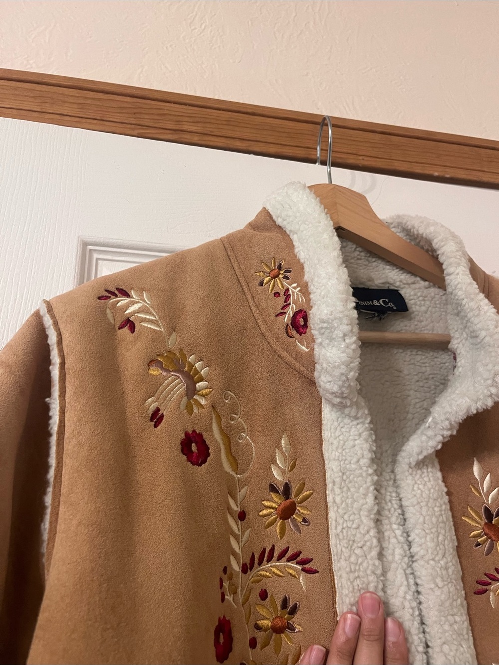 Denim&Co Tan Embroidered Faux-Shearling Trim Jacket - Picture 4 of 8